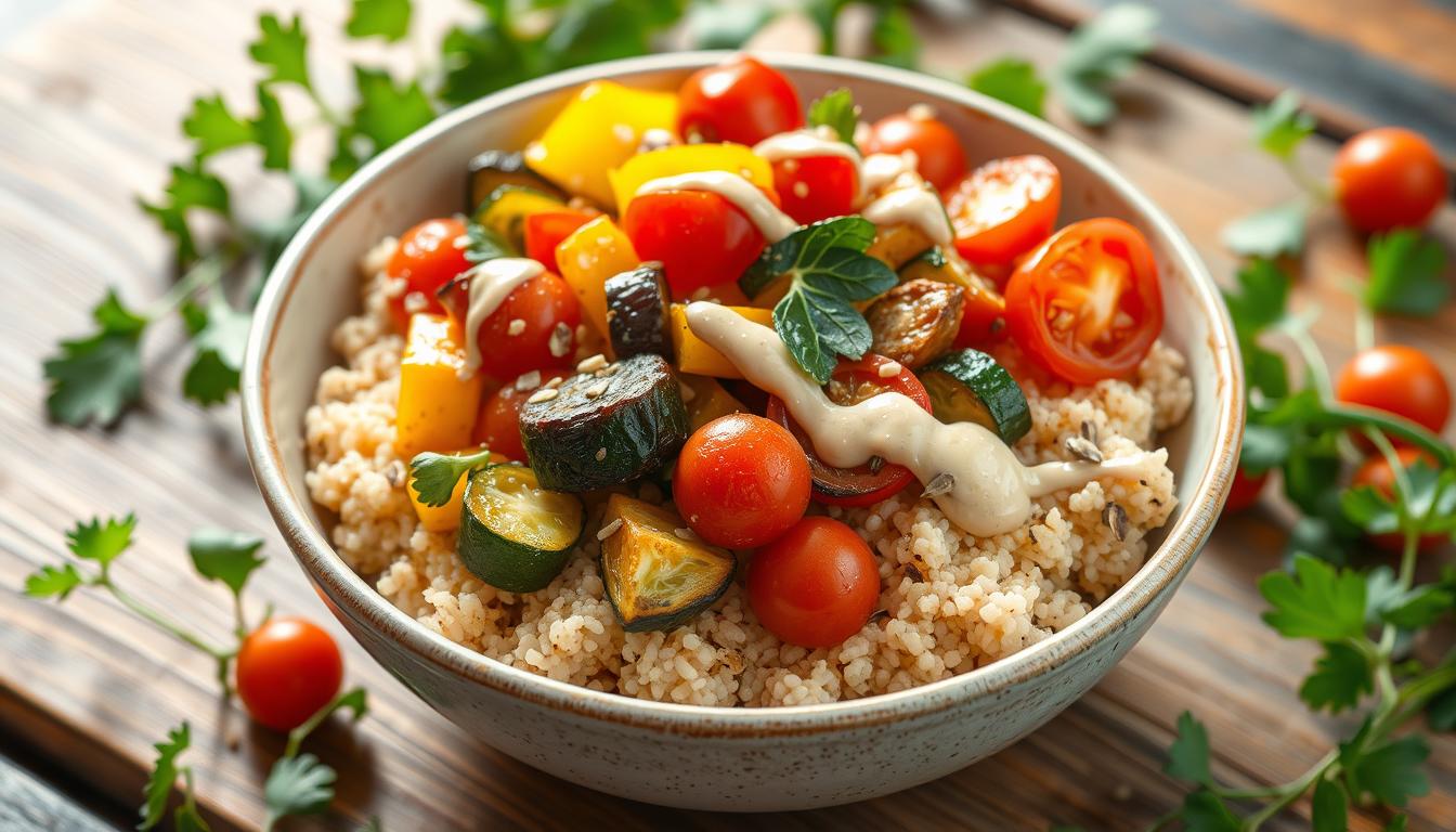 Bol de Quinoa con Verduras Asadas y Salsa de Tahini Ligera