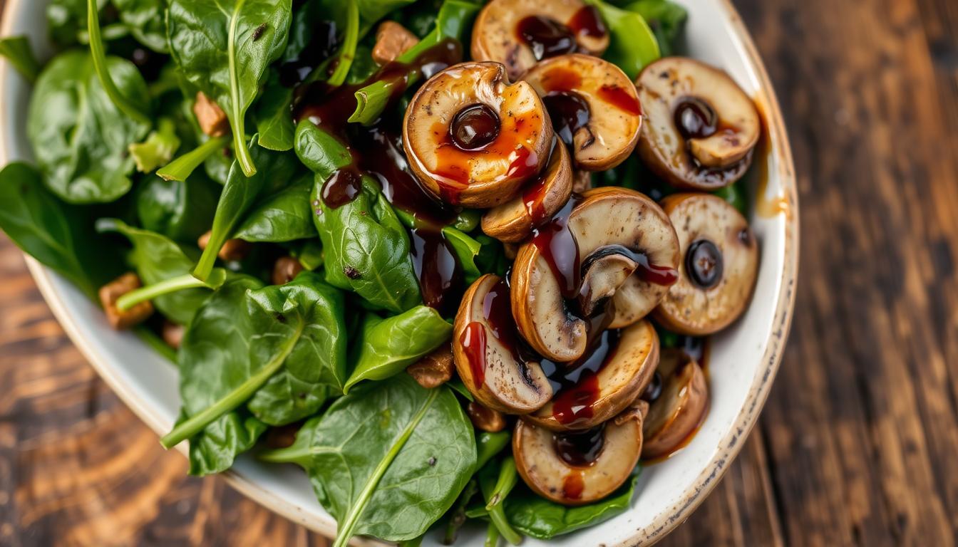 Ensalada tibia de espinacas con champiñones y vinagreta balsámica